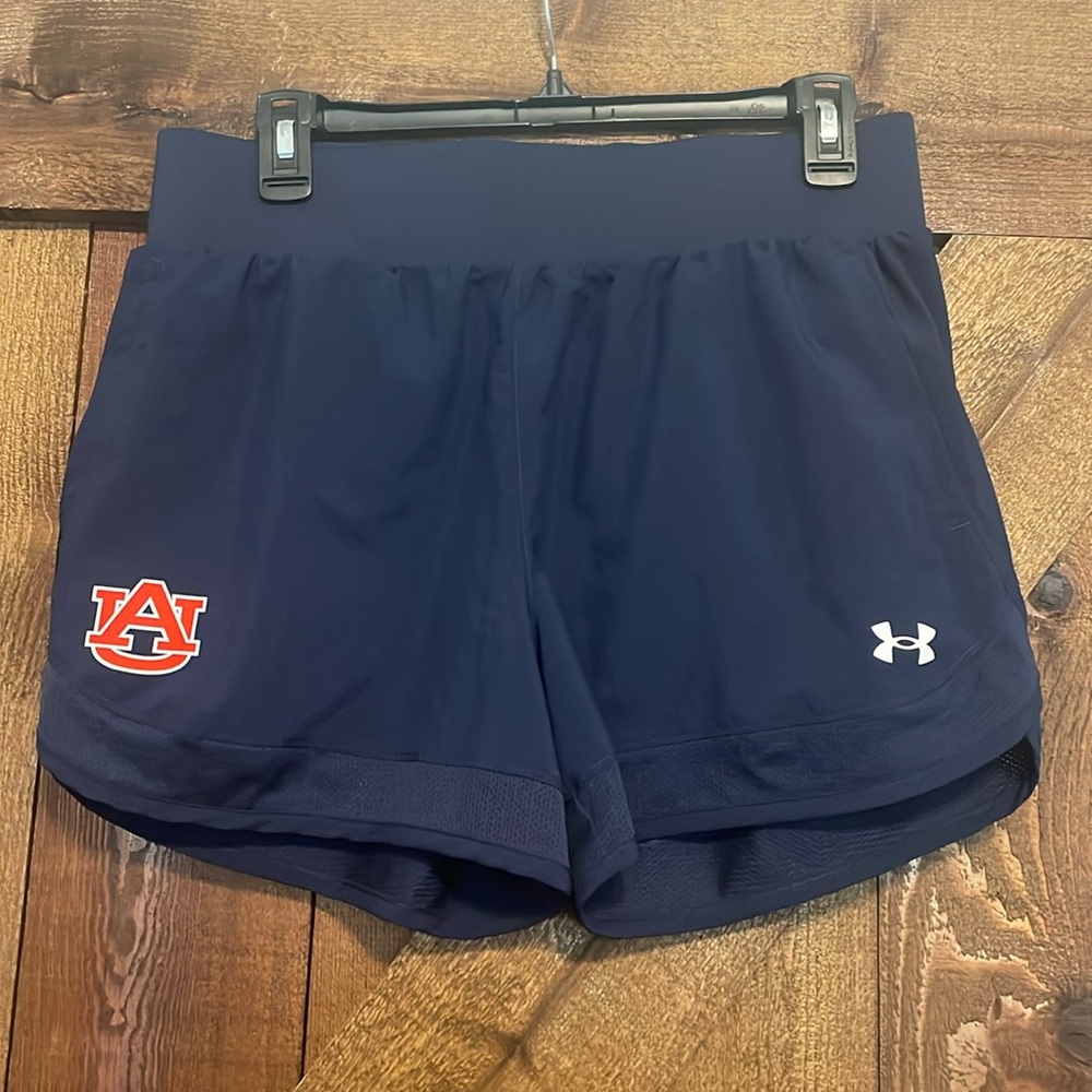 Under armour navy heat gear running shorts with AU logo